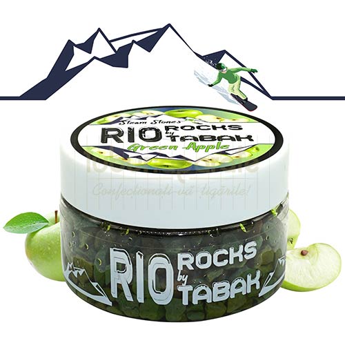 Recipient cu 100 grame de pietre aromate pentru narghilea fara tutun cu aroma de mere verzi RIO Rocks by RioTabak Green Apple